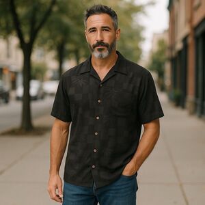 Havana Jack's Cafe Men's XL Black Check Silk Blend Short Sleeve Shirt